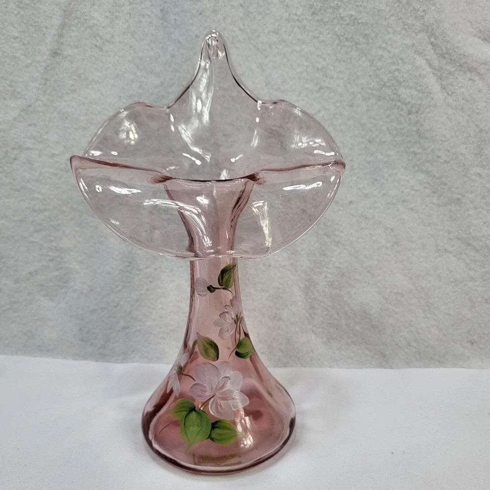 Fenton Pink Glass‎ Hand Painted Floral Ruffled Vase Signed 1991 USA